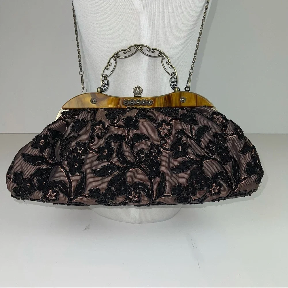 Vintage Inspired Black Gold Beaded Handbag Purse
